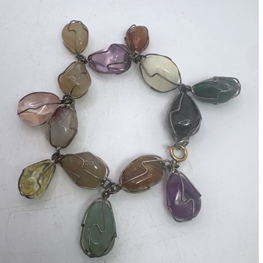 Vintage Wire Wrapped Tumbled Gemstone Charm Bracelet Multi Color Boho 7.25 In